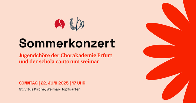 Textankündigung für das Sommerkonzert der Jugendchöre. Am rechten Rand leuchtet eine vereinfachte rote Blüte auf.