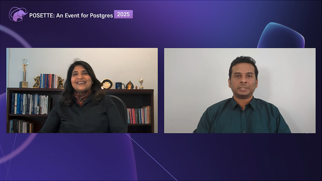 Two individuals in a video call setup. The left participant sits in front of a bookshelf with books and trophies, while the right participant is against a plain white wall. The background features a dark purple gradient with abstract shapes and the text 'POSETTE: An Event for Postgres 2025' in the top left corner.
