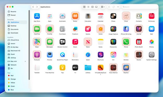 Applications folder screenshot highlighting: Books, Clock, FaceTime, Find My, Home, Journal, Maps, Messages, News, Phone, Podcasts, Stocks, Voice Memos, Weather