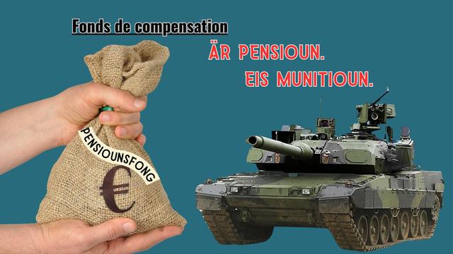 D'Bild weist ee Geldsak vum Lëtzebuerger Rentereservefong, dee geduecht ass fir an d'Rüstungsindustrie ze "investéieren".