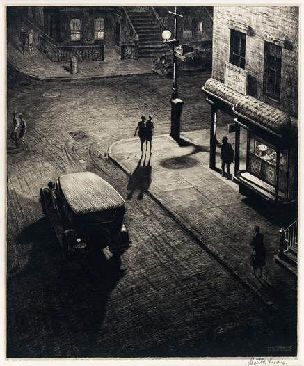 Wee Blue Coo Illustration Relics (speakeasy Corner) Lewis Martin
The scene depicted in this work is the intersection of Charles and West Fourth Street, Greenwich Village, New York City.  The scene was chosen by the artist's dealer of Kennedy & Company, not by Lewis himself.  According to correspondence  between Lewis and Bertha Jacques, Director of the Chicago Society of Etchers, in 1929, the work was titled Speakeasy Corner until Kennedy changed it to  Relics.  Thus both titles have been in use since. From the 1975 catalogue raisonné The prints of Martin Lewis: 'Frank Schmidt, a long time Village resident, has verified the supposed location of a speakeasy in the ground-floor apartment of the building at upper left of the composition... In writing about  Relics in 1934 under the pen name Childe Reese, Albert Reese of Kennedy &  Company related the title to the corner bar rather than to a reputed neighbourhood speakeasy: "We are looking down on a saloon which time and the  federal government has reduced to straitened circumstances."'(1)
Donna McColm, Curatorial Assistant, International Art, Jan. 2003.
Endnote1. McCarron, Paul. 'The prints of Martin Lewis: Catalogue raisonné'. M.  Hausberg, Bronxville, New York, 1995, p.136.
