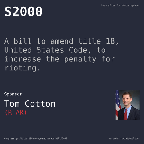 Description of S2000, and a depiction of its sponsor, Tom Cotton.