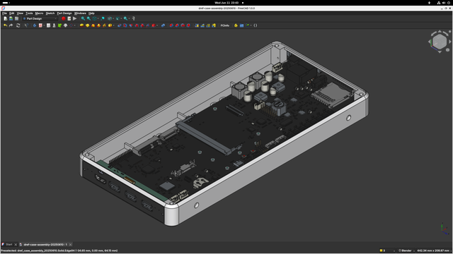 a mnt reform classic motherboard in the new "desktop" case, in an iso 3d view in freecad