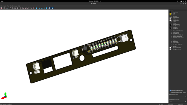 kicad 3d viewer showing the back of the front panel/port cover incl. 10 reverse mounted LEDs and a reverse mounted power button
