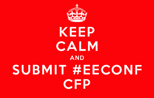 he image features a red background with a white crown at the top, reminiscent of the "Keep Calm and Carry On" posters. Below the crown, the text "KEEP CALM AND SUBMIT #EECONF CFP" is prominently displayed in white capital letters. The text is centered and arranged in a hierarchical manner, with "KEEP CALM" at the top, "AND" in the middle, and "SUBMIT #EECONF CFP" at the bottom. The hashtag "#EECONF" and the acronym "CFP" are in smaller font size compared to the main message. The overall design …