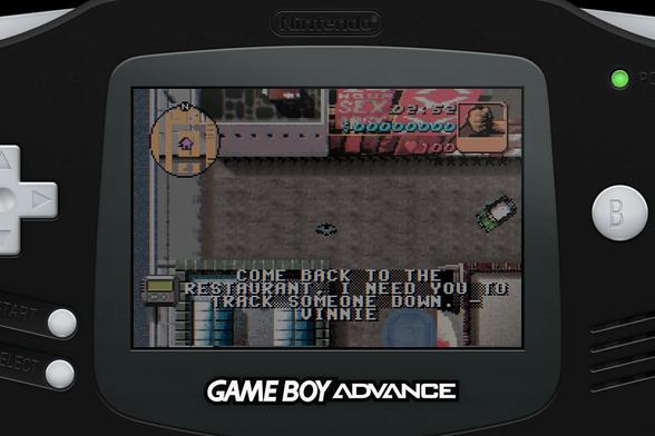 Screenshot of Grand Theft Auto for the Nintendo Game Boy Advance. Text reads: COME BACK TO THE RESTAURANT, I NEED YOU TO TRACK SOMEONE DOWN. - VINNIE

If you *would* steal a car, pirate this game.