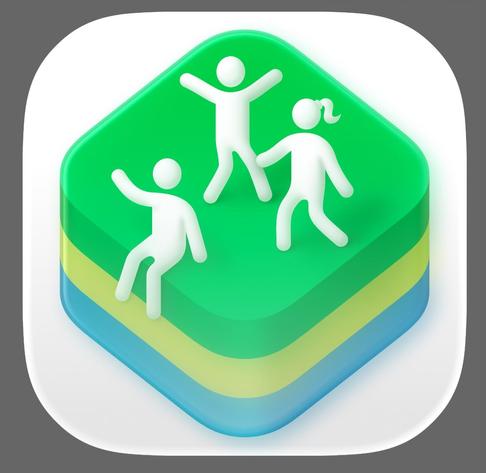 a glassy icon featuring a stack of squares with three people sitting on top