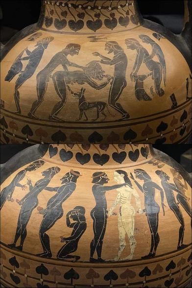 A black-figure vase painting depicting couples and throuples at various sex acts. A woman, depicted with a white body, gives a handjob to two young men. Two other young men seem to have anal sex with the penetrating one rubbing his partner off and yet another pair of young men seem to engage in thigh sex with a dog sniffing at the receptive partner's erection. A young man has anal sex with a bearded mature or even old man who fellates another bearded man and has his erection licked by a dog. Fo…