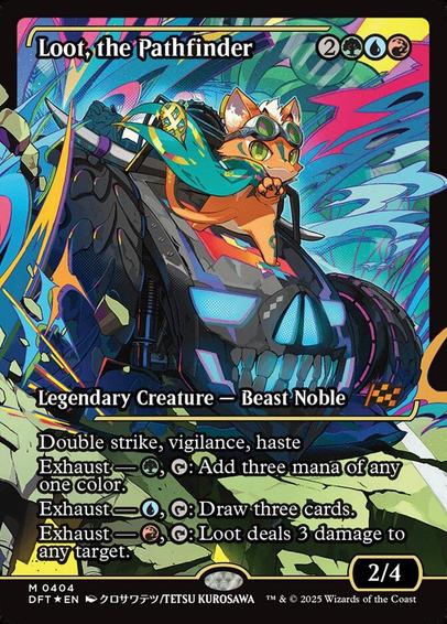 Card Name: Loot, the Pathfinder
Set: Aetherdrift
Description: Double strike, vigilance, haste
Exhaust — {G}, {T}: Add three mana of any one color. (Activate each exhaust ability only once.)
Exhaust — {U}, {T}: Draw three cards.
Exhaust — {R}, {T}: Loot deals 3 damage to any target.
Artist: Tetsu Kurosawa