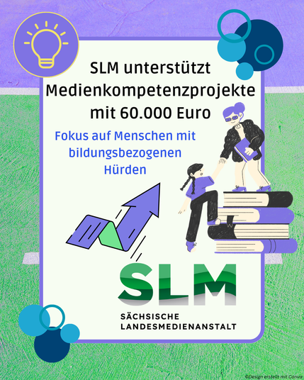 Hochformatiges Bild mit einem Rahmen in der Mitte. Im violetten Rahmen ist eine Grafik mit einer älteren Frau auf einem Bücherstapel zu sehen, die einem Kind die Hand reicht, um nach oben zu kommen. Links daneben sieht man einen Pfeil, der nach rechts oeben zeigt. Unten rechts ist das Logo der sächsischen Landesanstalt für orivaten Rundfunk und neue Medien zu sehen. Im Text steht: "60.000 Euro Förderung. Fokus auf Menschen mit bildungsbezogenen Hürden." Oben links ein Kreis mit Glühbirnen-Icon, an den Seiten Bubbles.