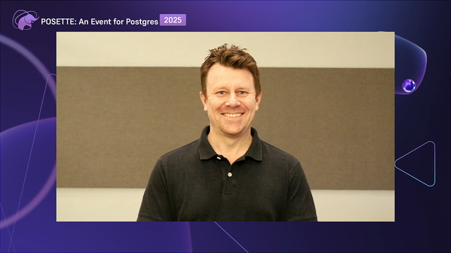 A man stands in front of a beige and brown background. The image features a purple border with the text 'POSETTE: An Event for Postgres 2025' in the top left corner.