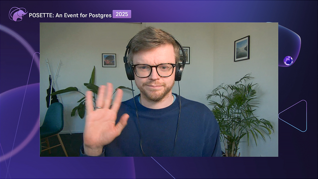 A person wearing headphones and waving at the camera. The background features framed pictures on the wall, some plants, and a chair. The text on the image reads 'POSETTE: An Event for Postgres 2025.'