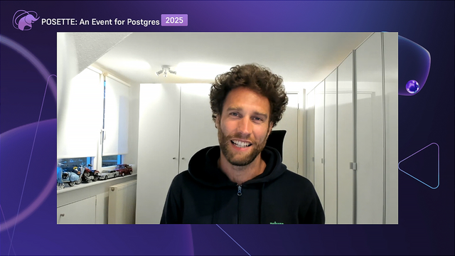 A person standing in a room with white cabinets and shelves. The background includes various objects on the left, possibly books or electronic devices. The top left corner displays the text 'POSETTE: An Event for Postgres 2025.