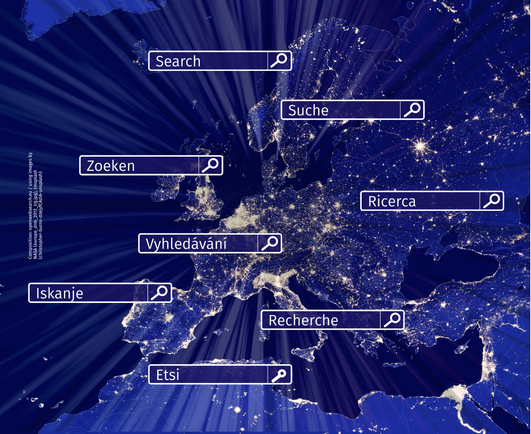 Auf Basis von Bildern der NASA zeigt Openwebsearch.EU Europa von oben und hat darauf das Wort "Suchen" in verschiedenen Sprachen projiziert. Grafik: Openwebsearch.EU