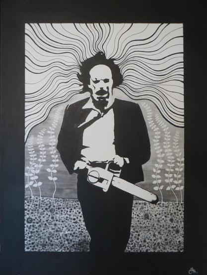 A painting of Leatherface in black and white