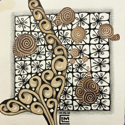 Finished tile with black and white ink and completed graphite shading