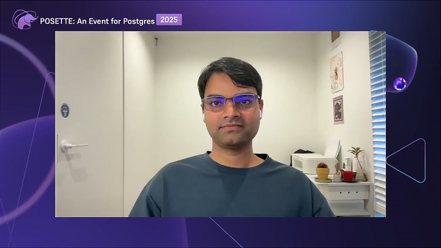 A person sitting in a room. The background includes a white door on the left, wall decorations, a window with blinds on the right, and a small shelf with various items. The top left corner displays the text 'POSETTE: An Event for Postgres 2025.'