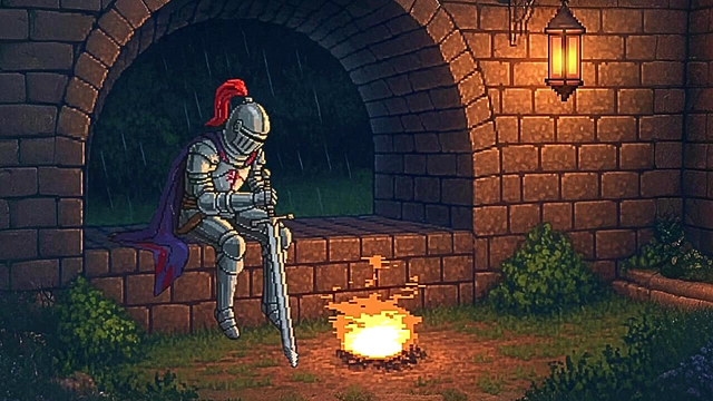 A pixel art scene showing a knight in armor sitting under a stone archway beside a campfire while it rains outside. A lantern glows warmly on the wall, creating a calm and peaceful medieval atmosphere.