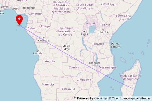A map showing the great circle route from Ikongo in Madagascar to a map pin at Igreja de Nossa Senhora de Guadalupe, EN1, Guadalupe, São Tomé and Príncipe