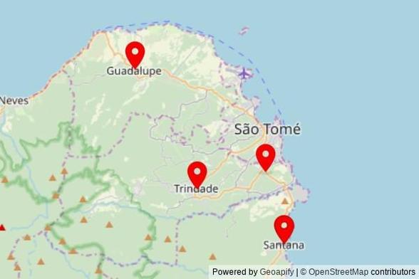 A map showing every place of worship we have visited so far in Sao Tome and Principe including:
Igreja de Nossa Senhora de Guadalupe in Guadalupe
Salão do Reino das Testemunhas de Jeová in Trindade
Salão de Catequese Paróquia de Santana in Santana
Igreja de Santana in Santana
Igreja de Nossa Senhora de Fátima in São Tomé
