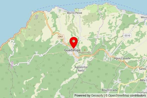 A partially zoomed out map with a pin at the position of Igreja de Nossa Senhora de Guadalupe, EN1, Guadalupe, São Tomé and Príncipe