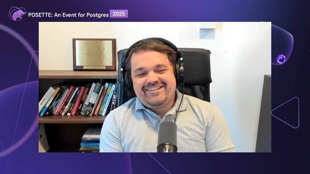 A personmwearing headphones and speaking into a microphone. Behind them is a bookshelf filled with books and a framed picture. A banner in the top left corner reads 'POSETE: An Event for Postgres 2025.