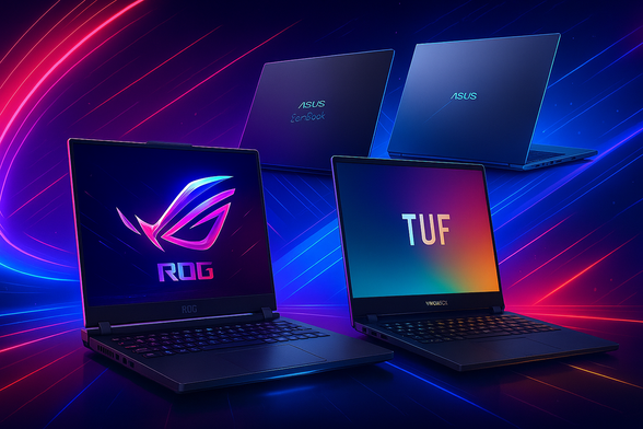 Ligne de PC portables ASUS ROG, TUF, ZenBook et VivoBook sur fond néon