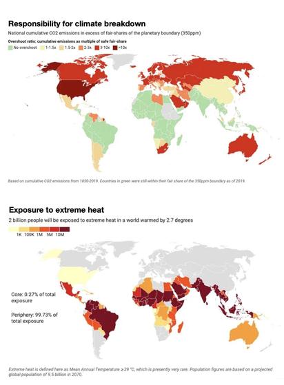 ALT: un mapamundi dividido en dos partes
En la superior aparecen los paises responsables de la crisis climática que en su mayoría son los del norte global ( mas sudafrica, australia, nueva zelanda y las guyanas)
En la inferior aparecen los paises mas expuestos a temperaturas extremas debido al cambio climático que son las del sur global y (excepto australia) las q menos aportan a él