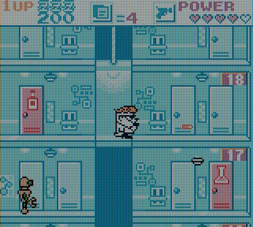 Screenshot of Dexter's Laboratory - Robot Rampage for the Nintendo Game Boy Color. The young scientist Dexter attempts to quell some robots that have created an Elevator Action scenario. This kid needs more supervision.