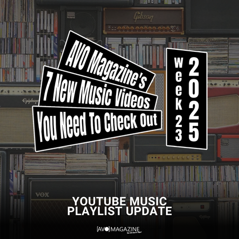 The background of this image showcases an artfully arranged wall-mounted collection, predominantly featuring an assortment of speakers, amplifiers, and old television sets. The collection spans across both vintage and contemporary audio equipment, from classic designs to modern, colourful options. On top of it is the "7 New Music Videos You Need To Check Out" logo with Week 23 2025, the AVO Magazine logo and text promoting the article: "YouTube Music Playlist Update"