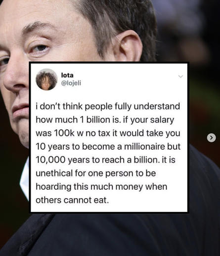 Graphic with image of Elon Musk in the background. The foreground is a social media account's screenshot that reads " I don't think people fully understand how much 1 billion is. If your salary was 100k with no tax, it would take you 10 years to become a millionaire, but 10 000 years to reach a billion. It is unethical for one person to be hoarding this much money when others cannot eat." 