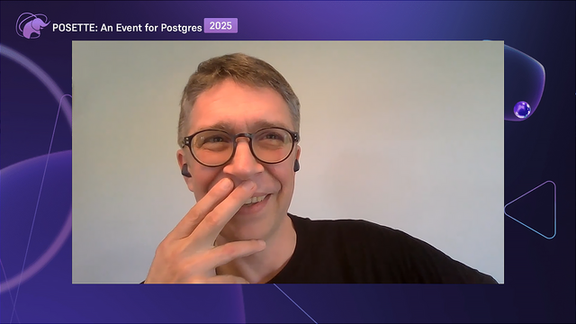 A person wearing glasses and earbuds, holding up two fingers in front of their face. The background is plain and light-colored. The top left corner displays the text 'POSETTE: An Event for Postgres' with '2025' highlighted in a purple box.
