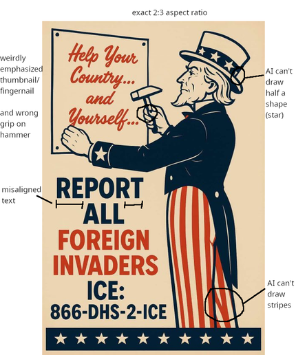 DHS's recent "report all foreign invaders" image, with notes "weirdly emphasized thumbnail", "wrong grip on hammer", "AI can't draw stripes", etc.