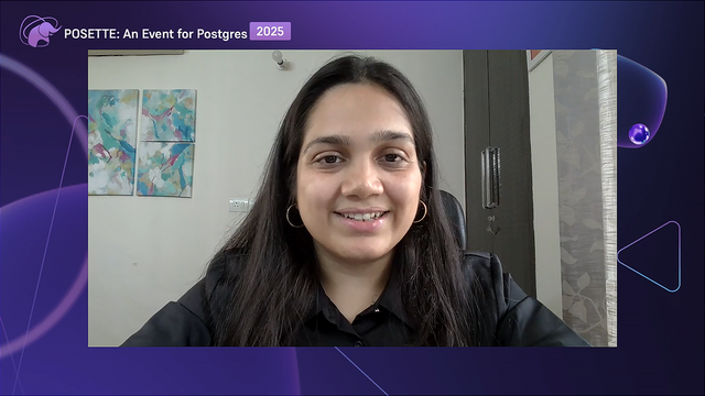 A person sits in front of a wall displaying two abstract paintings. Text in the top left corner reads 'POSETTE: An Event for Postgres 2025'.