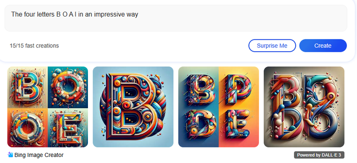 The four letters B O A l in an impressive way

 Bing Image Creator

Results include colourful graphics containing:

BOOE
BPDE
B
and B??O
