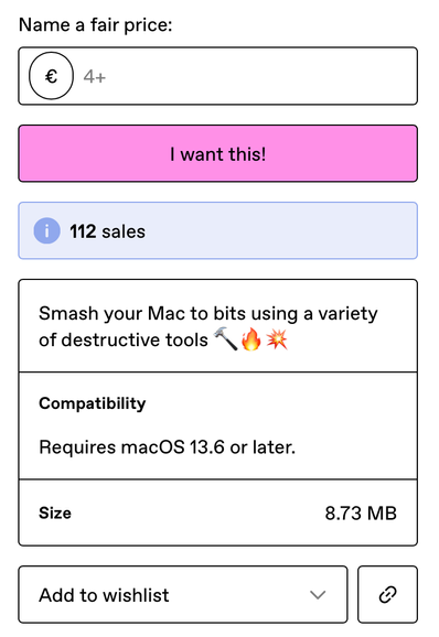 Screenshot of Gumroad showing that Smash Smash has only sold 112 copies.