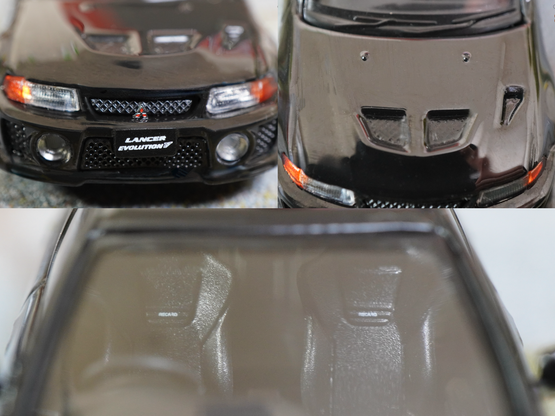 Some close-up shots of Mitsubishi Lancer GSR Evolution V 1998 with Mud Flap, Pyrenees Black by Hobby Japan in 1:64 scale on AREA 164