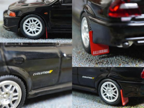 Some close-up shots of Mitsubishi Lancer GSR Evolution V 1998 with Mud Flap, Pyrenees Black by Hobby Japan in 1:64 scale on AREA 164