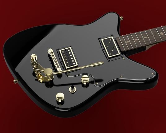 Rendering einer schwarzen Reverse Offset E-Gitarre. Retro-form, goldene Hardware, dunkelroter Hintergrund.