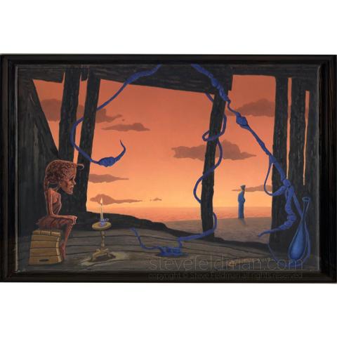 My acrylic painting titled “Hope, Apparently Indifferent to the Imminent Ruin” is a surreal sunset at the seashore scene. A small lone figure looks out to sea while in the foreground underneath a decrepit structure a woman like figure is viewing a vase with beckoning elongated stringy semblance while seated on an upturned crate at a small table upon which is a lit candle.