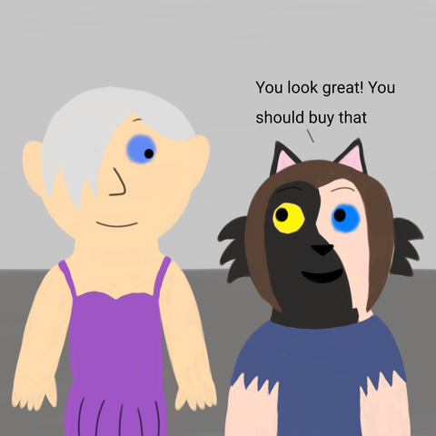 Drawing of Liam and Cinder still looking at each other and Cinder says "You look great! You should buy that" happily. Liam has a smile on his face and is still wearing the purple dress and they both are still in store