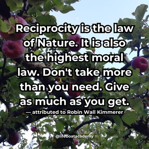 A social post from @lifeboatacademy which says: Reciprocity is the law of Nature. It is also the highest moral law. Don't take more than you need. Give as much as you get.
— attributed to Robin Wall Kimmerer