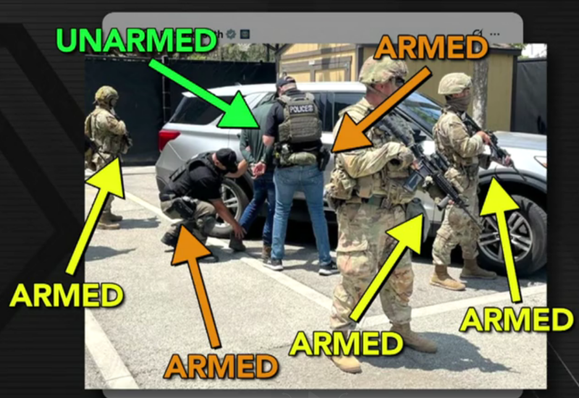 Colbert points out how many armed troops/agents were used to arrest one unarmed man.