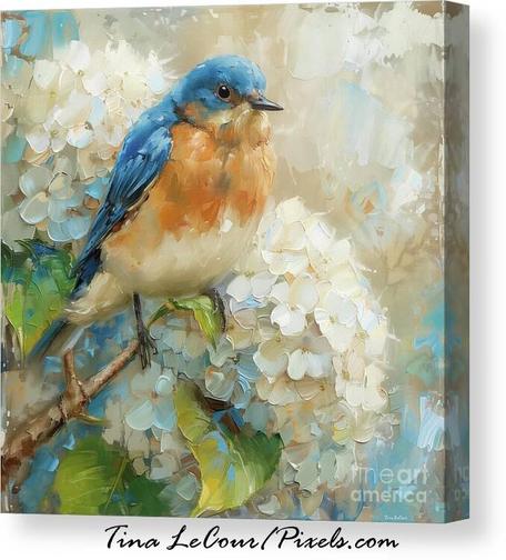 This is a canvas of a painted eastern bluebird perched on a big white hydrangea flower. 