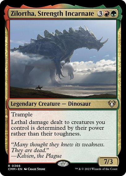 Card Name: Zilortha, Strength Incarnate
Set: Commander Masters
Description: Trample
Lethal damage dealt to creatures you control is determined by their power rather than their toughness.
Artist: Chase Stone