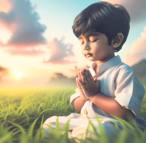 Little boy praying in a field 