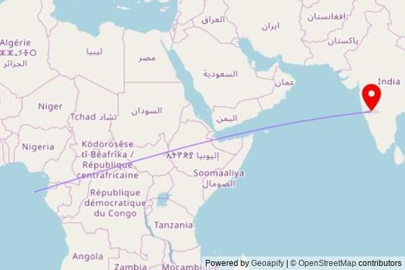 A map showing the great circle route from Guadalupe in Sao Tome and Principe to a map pin at Jamiya Masjid Hanagandi, SH53, Rabakavi, Terdal - 587315, Karnataka, India