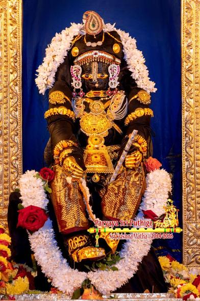 Idol of Hindu deity Krishna in black and pant legs made almost entirely from a saree border, seated as if on a bench with hands on knees, a silver flute in left hand, wearing gold shoes and several gold ornaments including huge medallions on the chest and belly. A thick string of white flowers spotted with big red roses forms a U shape around Krishna's legs. A thinner string of white flowers shoulder-shoulder going over Krishna's head.

Sides of a gold frame/arch around Krishna are visible. Blue cloth background. 