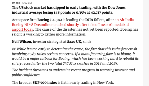 1mago 15.0285T

The US stock market has dipped in early trading, with the Dow Jones
industrial average losing 148 points or 0.35% at 42,717 points.

Aerospace firm Boeing (-4.5%) is leading the DJIA fallers, after an Air India
Boeing 787-8 Dreamliner crashed shortly after takeoff near Ahmedabad
airport today. The cause of the disaster has not yet been reported; Boeing has
said it is working to gather more information.

Neil Wilson, investor strategist at Saxo UK, said:

44 While it’s too early to determine the cause, the fact that this is the first crash
involving a 787 raises serious concerns. If a manufacturing flaw is to blame, it
would be a major setback for Boeing, which has been working hard to rebuild its
safety record after the two fatal 737 Max crashes in 2018 and 2019.

The incident threatens to undermine recent progress in restoring investor and
public confidence.

The broader S&P 500 index is flat in early trading in New York.
