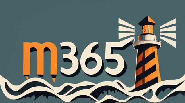 Een getekende afbeelding van oranje vuurtoren in de witte golven met de letters M365 op een grijsblauwe achtergrond